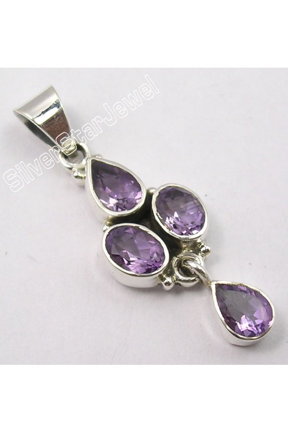 925 Pure Silver Purple Amethyst 4 Stone Birthday Present Pendant 4 CM Handmade