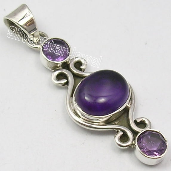 SilverStarJewel 925 Pure Silver Purple Amethyst Traditional Stylish Pendant 1.7" Bijoux