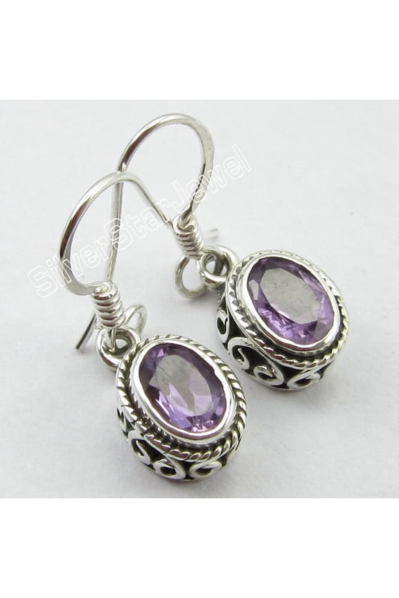 .925 Pure Silver Purple Oval Amethyst Art Earrings 1" Factory Direct Jewelry