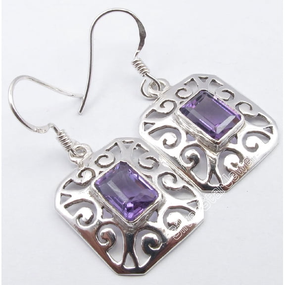 SilverStarJewel 925 Pure Silver Rectangle Faceted Amethyst Celtic Jali Earrings 1.4" 4.3 Grams