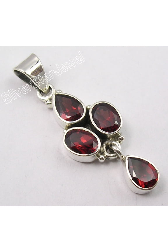 925 Pure Silver Red Cut Garnet 4 Gemstone Vintage Style Pendant 1.6" Handwork