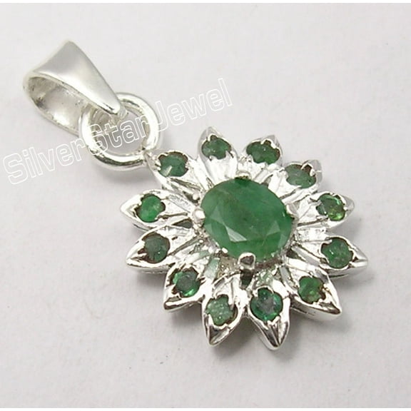 SilverStarJewel .925 Pure Silver Sparkling Faceted Emerald Multistone Pendant 0.9" Art Jewelry