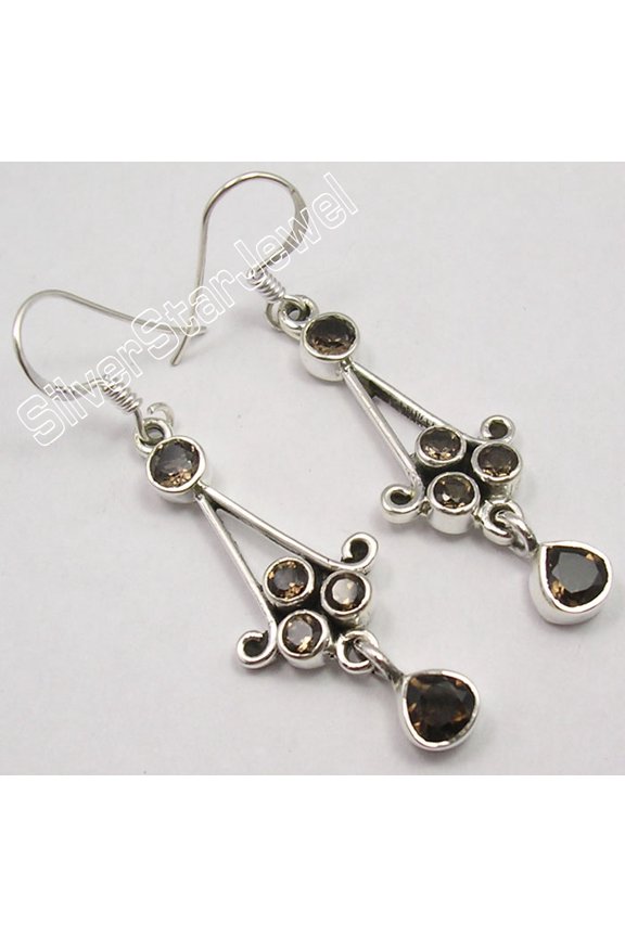 925 Pure Silver Wonderful Brown Smoky Quartz 5 Gems Brand Earrings 2"