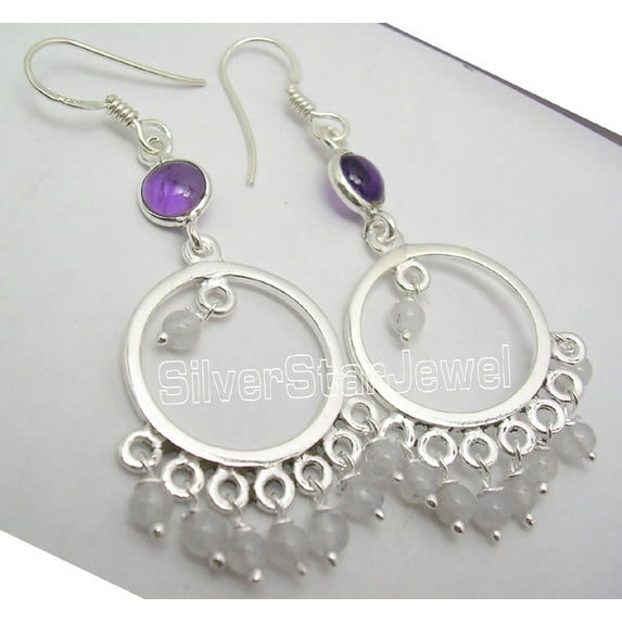 SilverStarJewel 925 Silver Amethyst & Rainbow Moonstone Earrings 2.2"