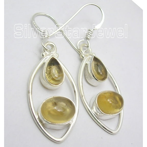SilverStarJewel 925 Silver Beautiful Yellow Citrine Cabochon 2 Gemstone Dangle Earrings 4.2 CM