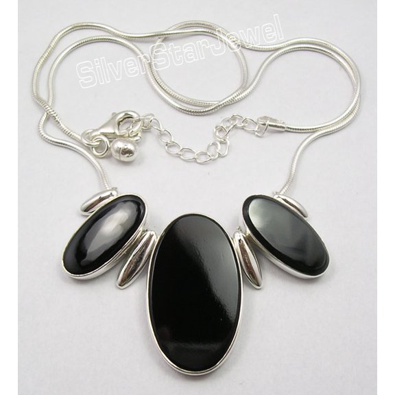 SilverStarJewel .925 Silver Big Black Onyx Flat Gem Snake Chain Necklace 18.25" 15.5 Grams