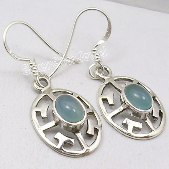 SilverStarJewel 925 Silver Chalcedony Earrings 1.4" Women Jewelry