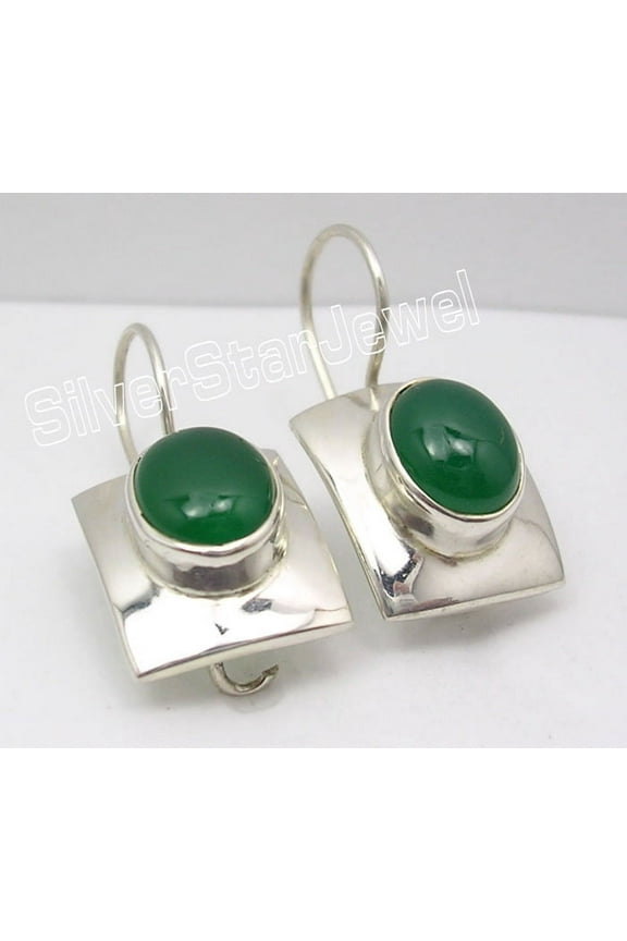 925 Silver Green Onyx Earrings 1" Modern Fashion Jewelry
