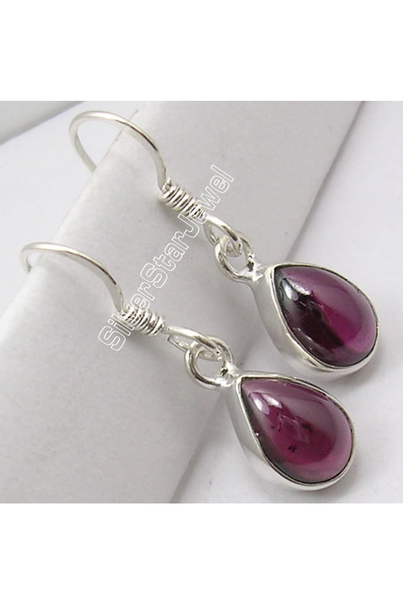 925 Silver Natural Drop Cabochon Red Garnet Women's Well Made Earrings 1.1"