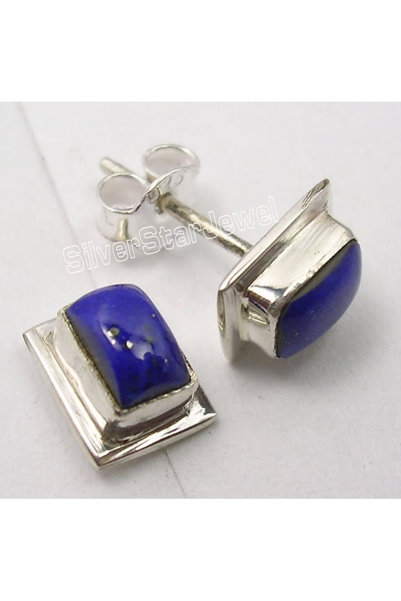 925 Silver Navy Blue Lapis Lazuli Little Studs Earrings 0.4" Made In India