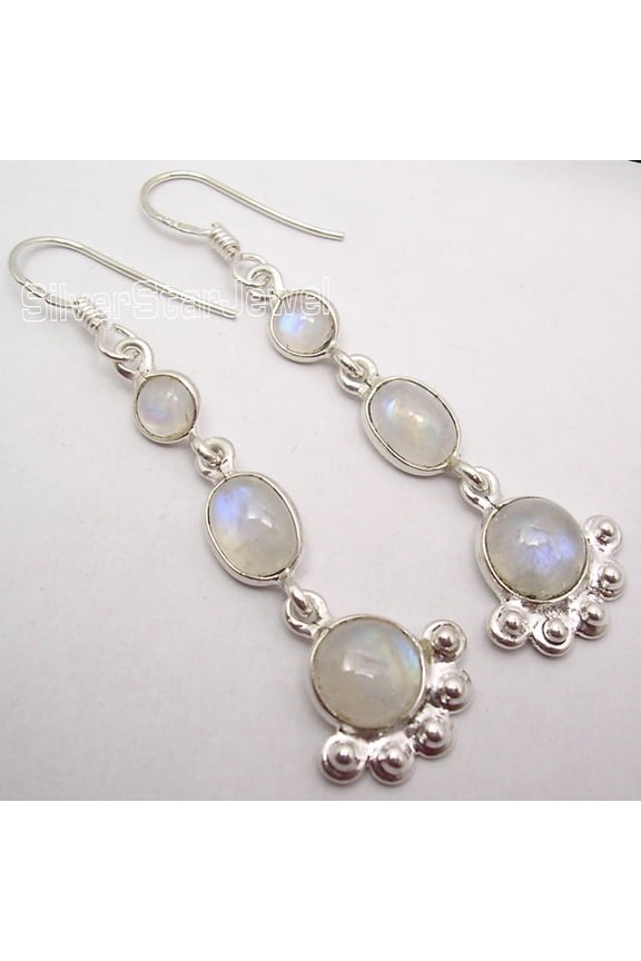 925 Silver Rainbow Moonstone Earrings 2.2" Gemstone Handmade Jewelry