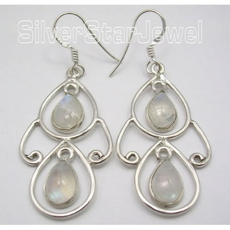 SilverStarJewel 925 Silver Rainbow Moonstone Earrings 2" Classic Women Jewelry