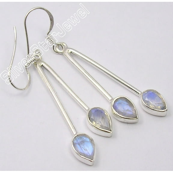 SilverStarJewel 925 Silver Rainbow Moonstone Earrings 2" Women's Art Jewellery