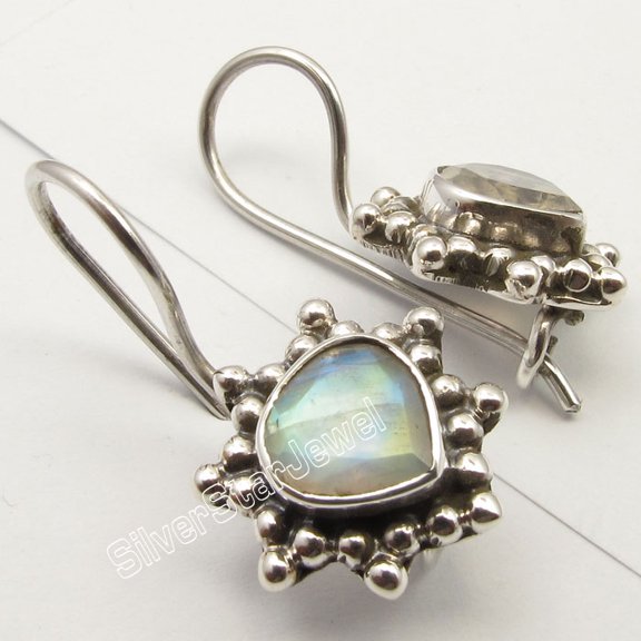 SilverStarJewel 925 Silver Rainbow Moonstone Gem Heart Oxidized Handcrafted Earrings 0.8"