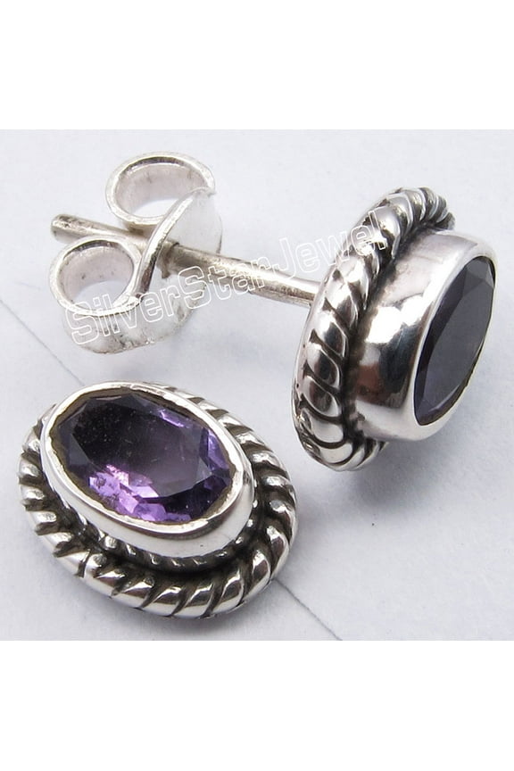 925 Silver Real Purple Amethyst Oxidized Indian Jewelry Studs Earrings 0.4"