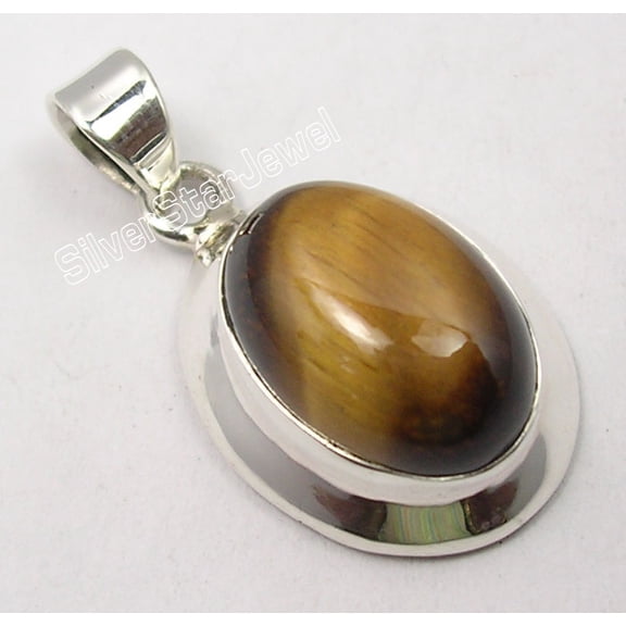 SilverStarJewel 925 Silver Tiger's Eye Pendant 1.1" Fashion Jewelry
