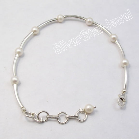 SilverStarJewel 925 Silver Tubes & Pipes Fresh Water Pearl Beads Unusual Bracelet 7.7"