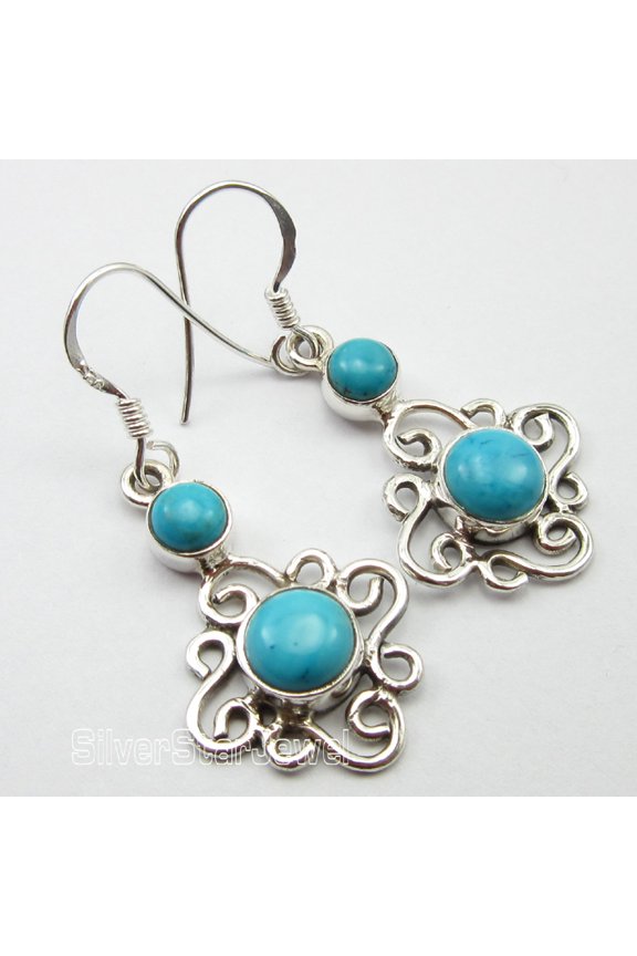 925 Solid Silver 5x5 Mm & 7x7 Mm Round Cabochon Turquoise Gem 1.5" Earrings