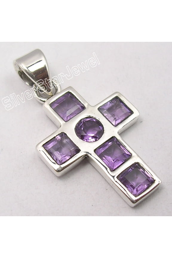 .925 Solid Silver Amazing Cut Amethyst 6 Stone Handmade Large Pendant 1.2"