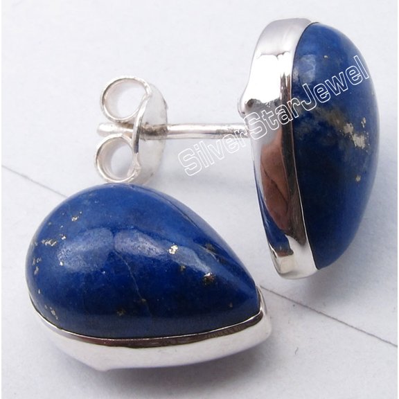 SilverStarJewel 925 Solid Silver Beautiful Drop Lapis Lazuli Artisan Studs Earrings 5/8"