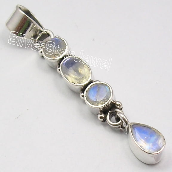 SilverStarJewel 925 Solid Silver Beautiful Rainbow Moonstone Fashionable Long Pendant 1.8"