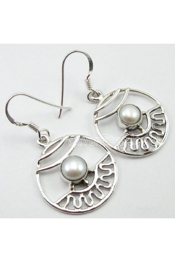 925 Solid Silver Beautiful White Pearlhandcrafted Earrings 1.5" Bijoux
