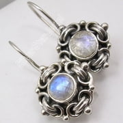 SilverStarJewel 925 Solid Silver Blue Fire Rainbow Moonstone Handwork Tribal Earrings 1.2"
