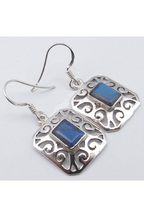 925 Solid Silver Blue Flash Labradorite Traditional Celtic Earrings 1.4"