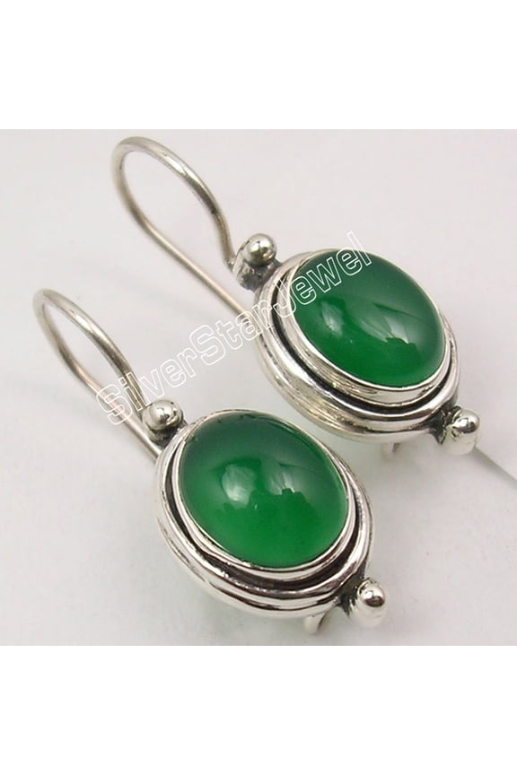 925 Solid Silver Cabochon Green Onyx Oxidized Astonishing Earrings 1 Inch