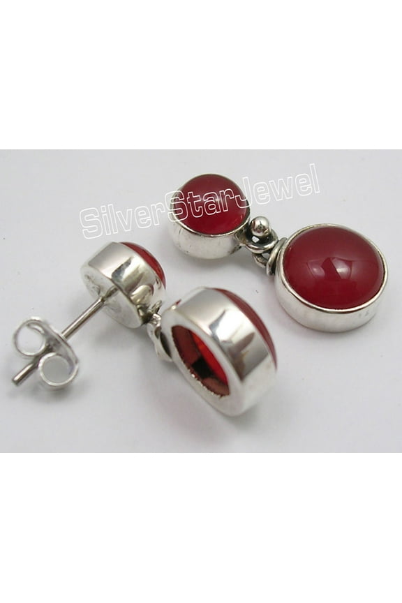 925 Solid Silver Cabochon Red Fire Carnelian 2 Gem Studs Post Earrings 0.9 Inch