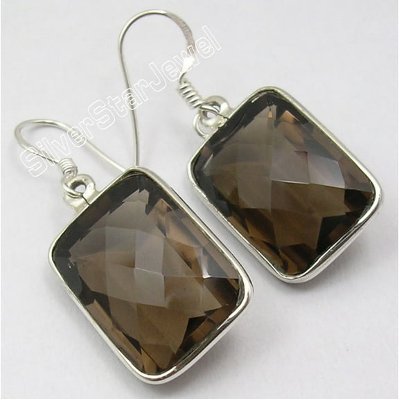 SilverStarJewel 925 Solid Silver Checker Cut Smoky Quartz Gorgeous Dangle Earrings 1 3/8 Inches