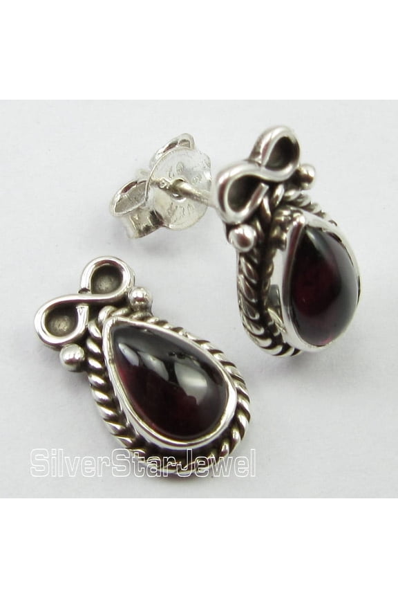 925 Solid Silver Classic Drop Garnet Gorgeous Stud Post Earrings 0.6" Bijoux