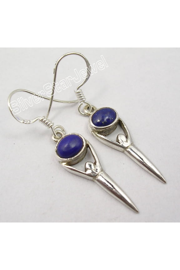 925 Solid Silver Collectible Lapis Lazuli Goddess Earrings 1.5" Handmade