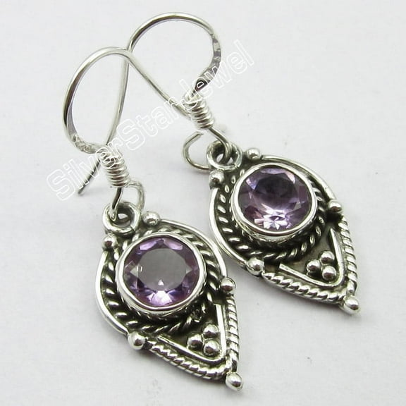 SilverStarJewel 925 Solid Silver Cut Amethyst 100% Handmade 1 Pair Earrings 1.3" Oxidized