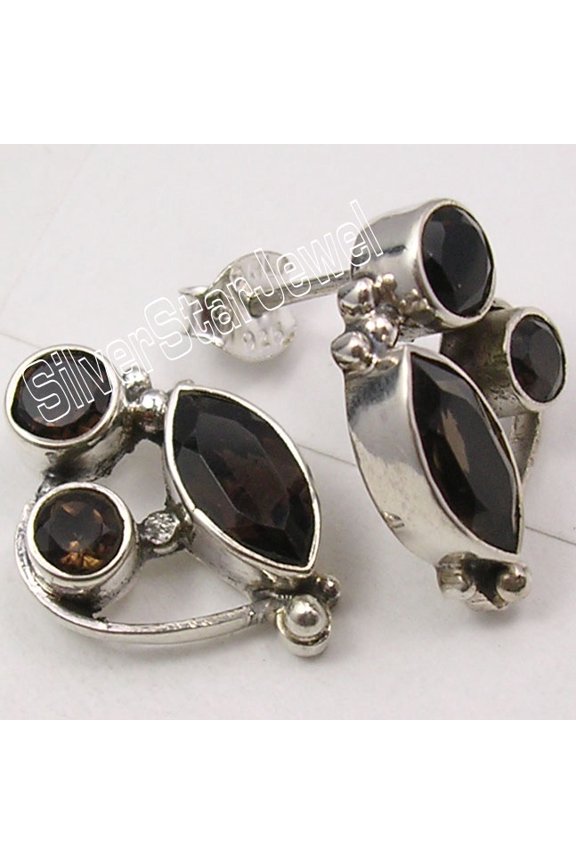925 Solid Silver Cut Brown Smoky Quartz 3 Gem Well Made Studs Earrings 0.7 Inch