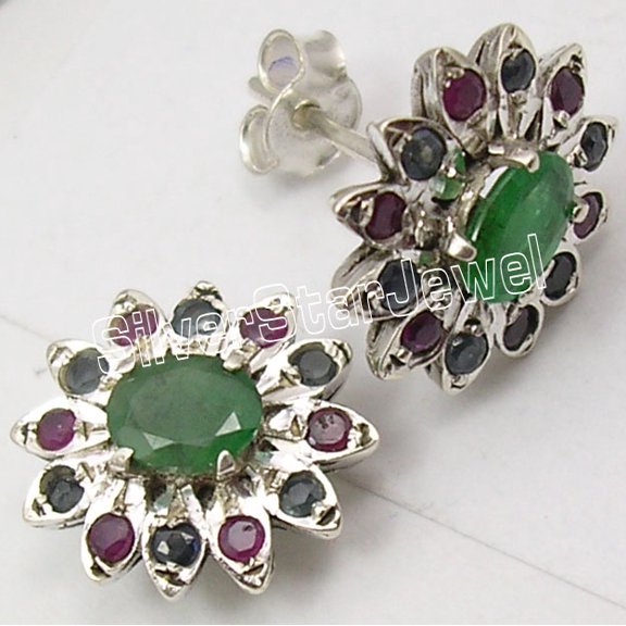 SilverStarJewel 925 Solid Silver Emerald, Ruby & Sapphire Intricate Setting Stud Earrings 0.6"