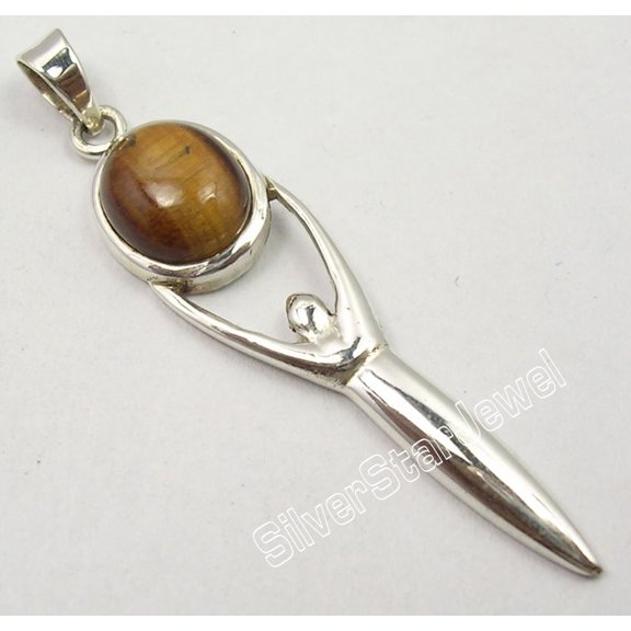 SilverStarJewel 925 Solid Silver Exclusive Brown Tiger Eye Goddess Long Richfeel Pendant 5.8 CM