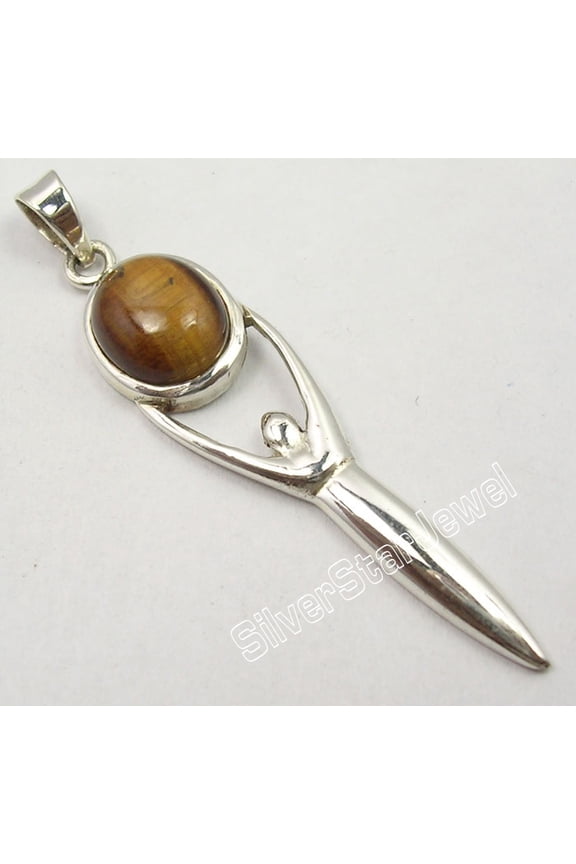 925 Solid Silver Exclusive Brown Tiger Eye Goddess Long Richfeel Pendant 5.8 CM