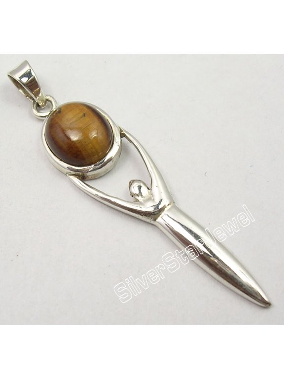 925 Solid Silver Exclusive Brown Tiger Eye Goddess Long Richfeel Pendant 5.8 CM
