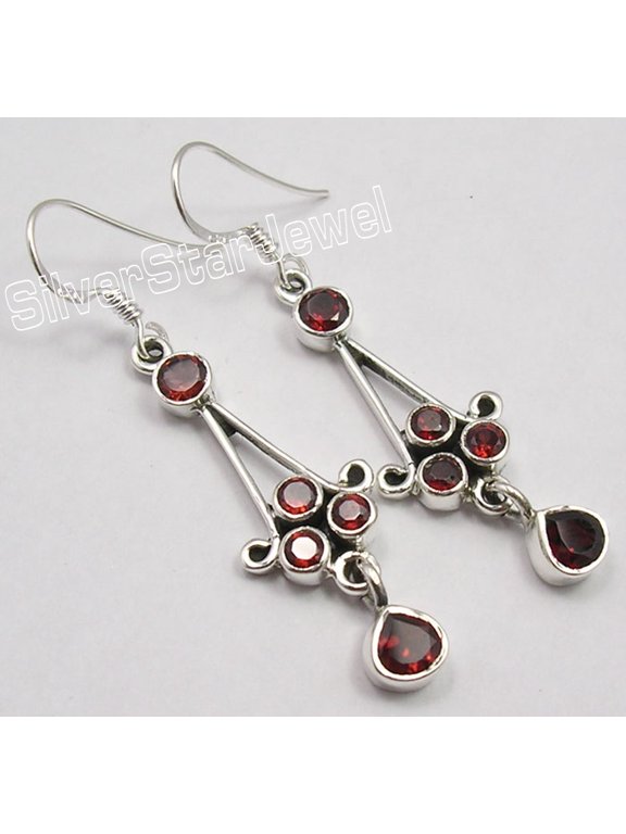 925 Solid Silver Exclusive Faceted Garnet Gems French Wire Earrings 2"
