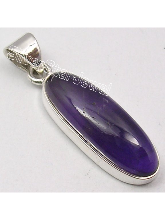 925 Solid Silver Fabulous Purple Amethyst Long Stone Latest Style Pendant 1.3"