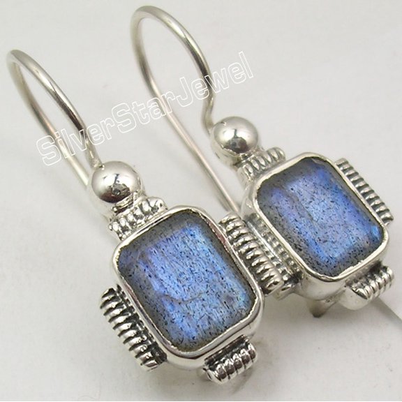 SilverStarJewel 925 Solid Silver Facetted Labradorite Gemstone Earrings 1.1" Combined Shipping