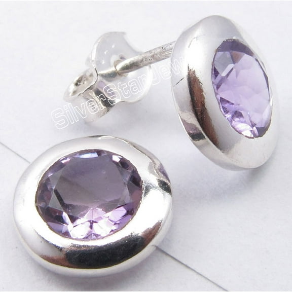SilverStarJewel 925 Solid Silver Facetted Purple Amethyst Setting Unisex Studs Earrings 1.0 CM