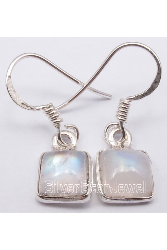 925 Solid Silver Fancy Cabochon Rainbow Moonstone Trendy Square Earrings 2.7 CM