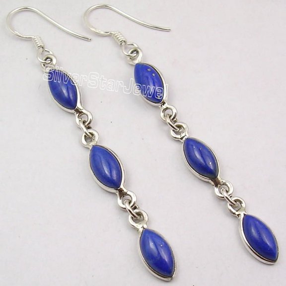 SilverStarJewel 925 Solid Silver Fancy Lapis Lazuli 3 Stone Designer Very Long Earrings 2.6"
