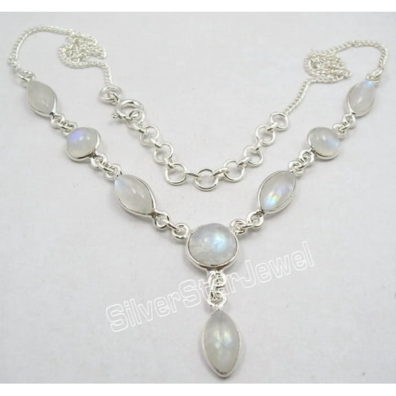 SilverStarJewel 925 Solid Silver Fancy Rainbow Moonstone Deco Necklace 18.2" 10.1 Grams