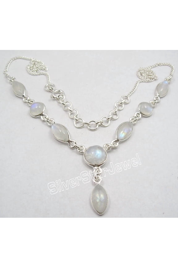 925 Solid Silver Fancy Rainbow Moonstone Deco Necklace 18.2" 10.1 Grams