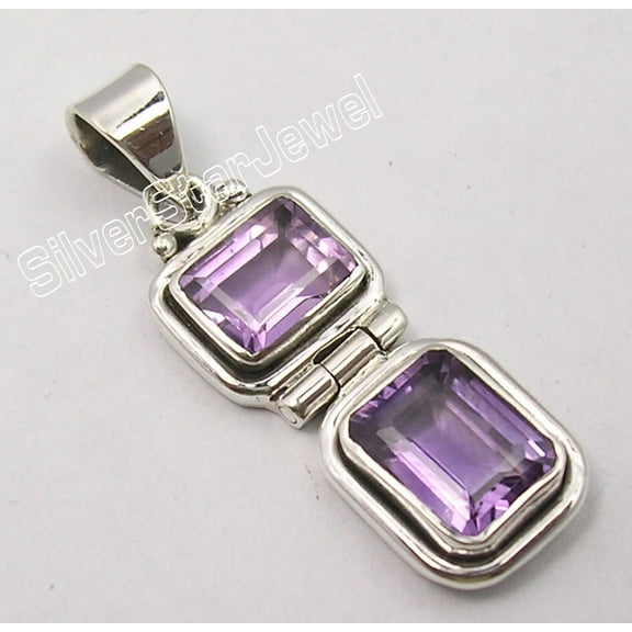 SilverStarJewel .925 Solid Silver Fiery Purple Amethyst 2 Facetted Stone Hinge Pendant 1.3"