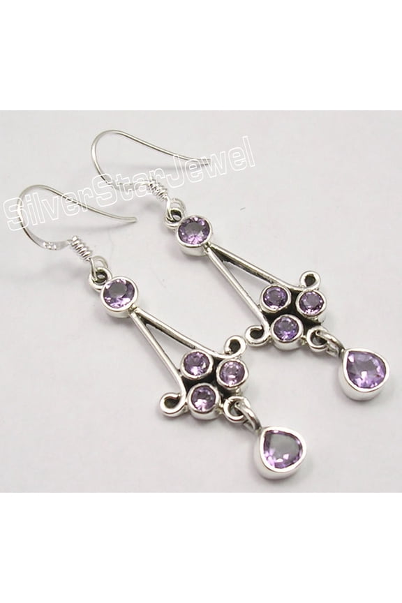 925 Solid Silver High End Amethyst Multistone Long French Hook Earrings 2 Inches