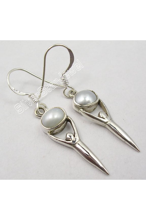 925 Solid Silver Low Price Fresh Pearl Goddess Earrings 1.5" Ladies' Jewelry